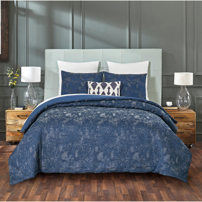 Ensemble d'édredon en polyester et coton Vincent Collection, Édredon pour grand lit + 2 taies décoratives sta, Bleu marine