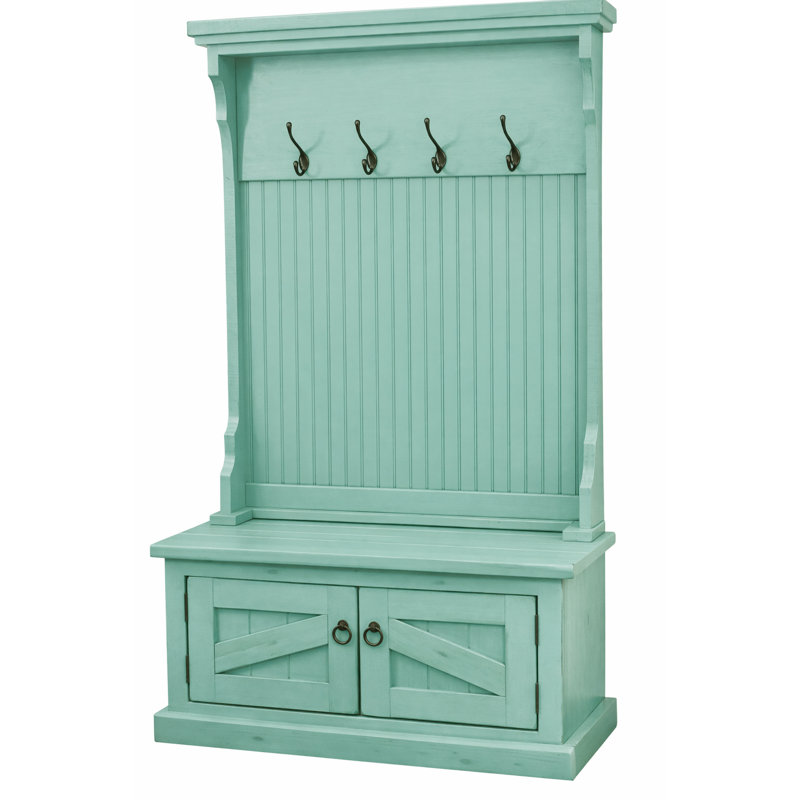 Arbre d'entrée en bois massif Kinley avec banc et rangement pour chaussures, Aigue-marine