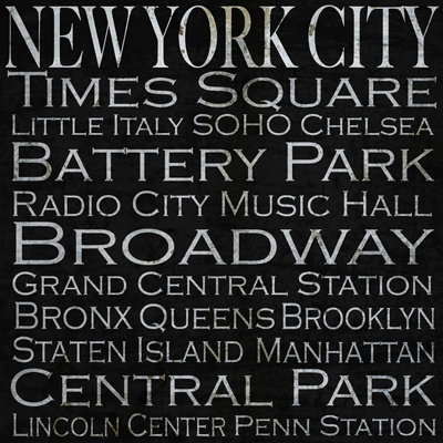 «New York City Typographie Repères», reproduction d'art textuel sur toile tendue