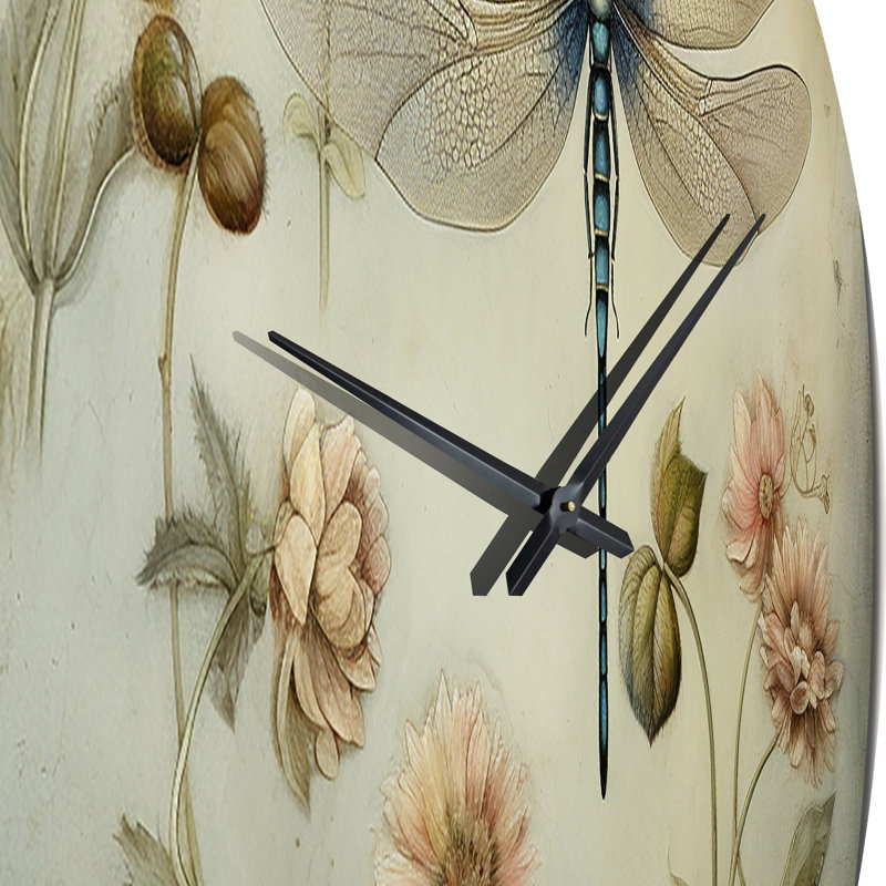Horloge murale rétro en métal avec libellule volant II, Moyenne