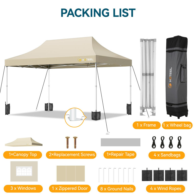 15 Ft. W x 10 Ft. D Pop up Canopy Tent for Parties, Khaki