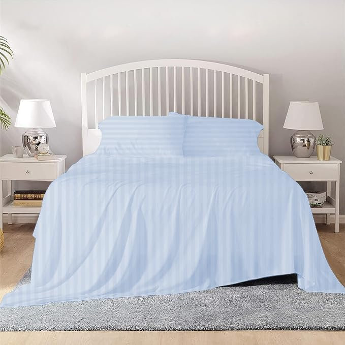 100% Egyptian Cotton Full XL Size Sheet Set 1000 Thread Count Luxury Ultra Soft Bed Sheets Fits Mattress Upto 18" Inch Deep Pocket, Full XL Size - Light Blue Stripe