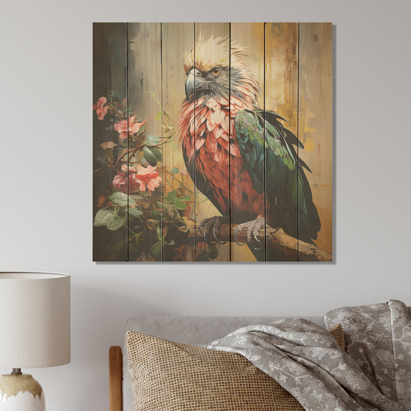 Faucon bleu et rose dans un arbre tropical III - animal faucon sur bois, H 30 po x l 30 po