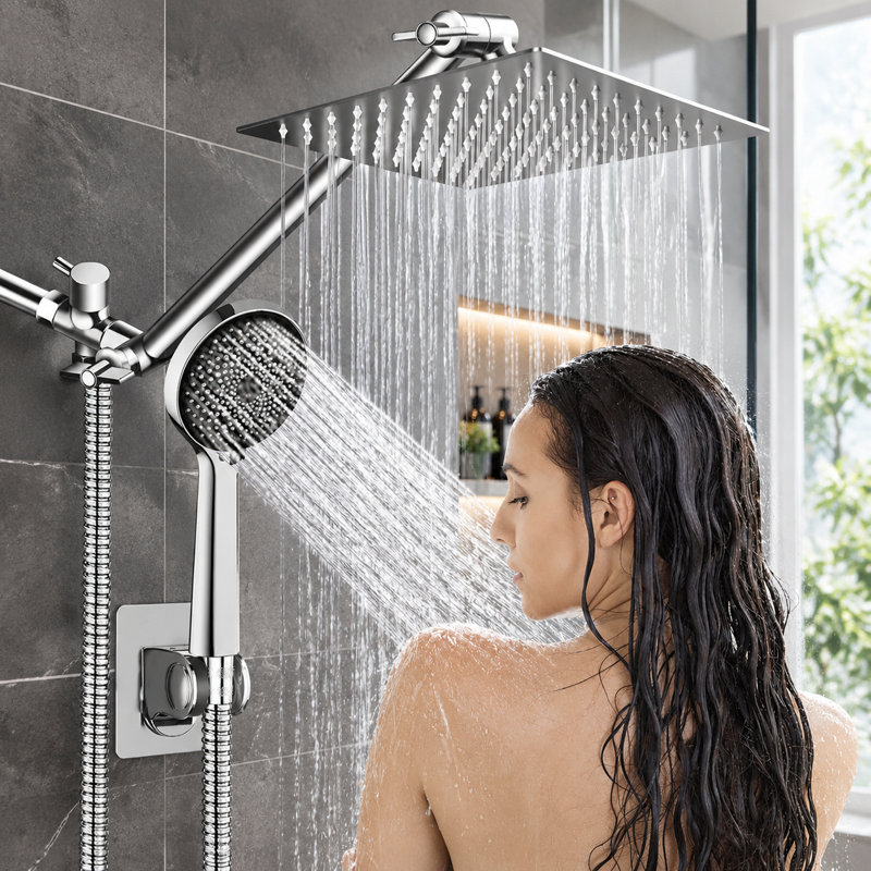 Ensemble de douche mural chromé, pommeau de douche carré effet pluie de 30 cm avec bras d'extension réglable de 23 cm et douchette à main à 3 jets, flexible de 150 cm, hauteur réglable