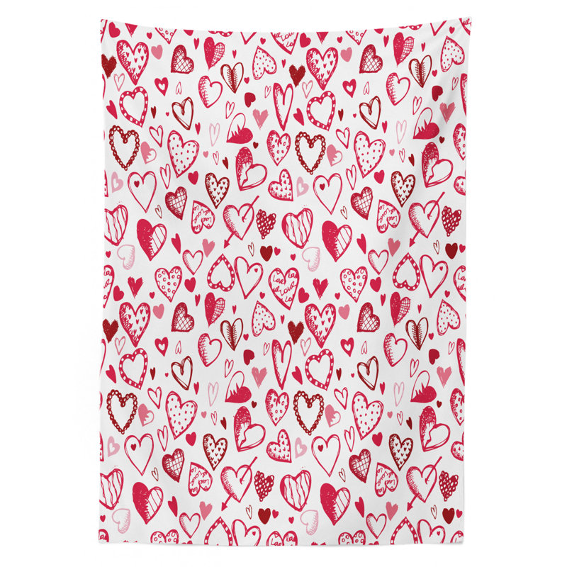 Ambesonne Love Tablecloth, Valentine Hearts Gatherings Engagement Honeymoon Arrow Doodle Style Print, Rectangular Table Cover For Dining Room Kitchen Decor, 52" X 70", Magenta Ruby White