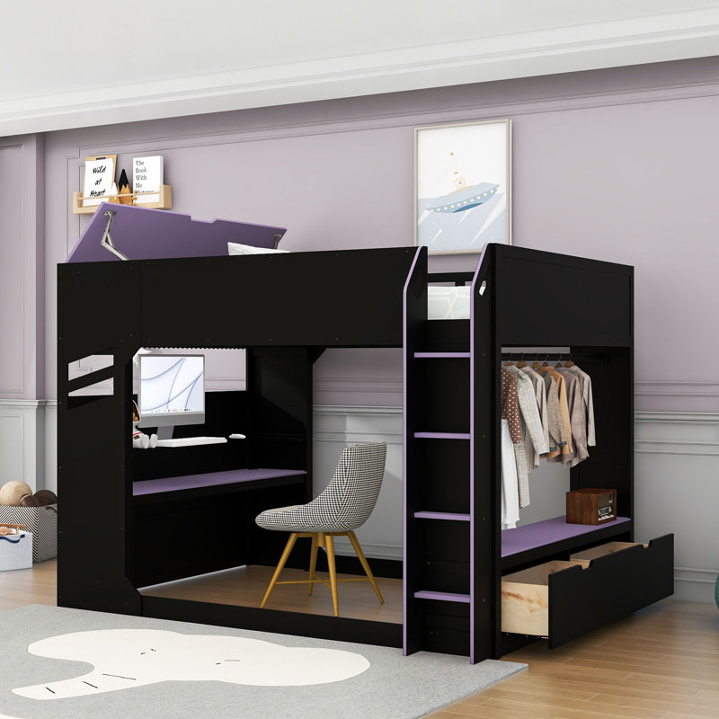 Lit mezzanine en bois avec bureau réglable, lumières RVB, tiroirs, armoire de rangement et tringle