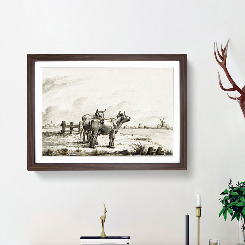 Two Cows in a Meadow by Jean Bernard - Framed Print, 27cm H x 36cm W x 2cm D, Walnut Framed