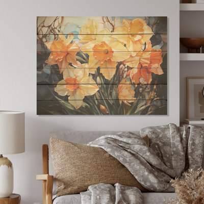 Efflorescence de jonquilles orange - Art mural en bois jonquilles sur bois de pin naturel