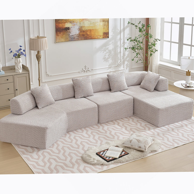 Canapé modulaire moderne en L de 140 po, sans assemblage requis, canapé modulaire Boucle, Polyester gris