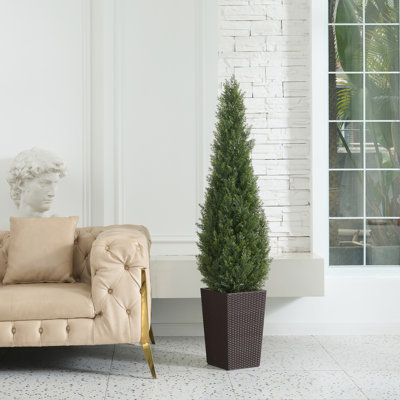 Adcock Faux Cedar Topiary Tree 5FT - UV Resistant Fake Cypress Tree with Big Planter and Decorative Plants