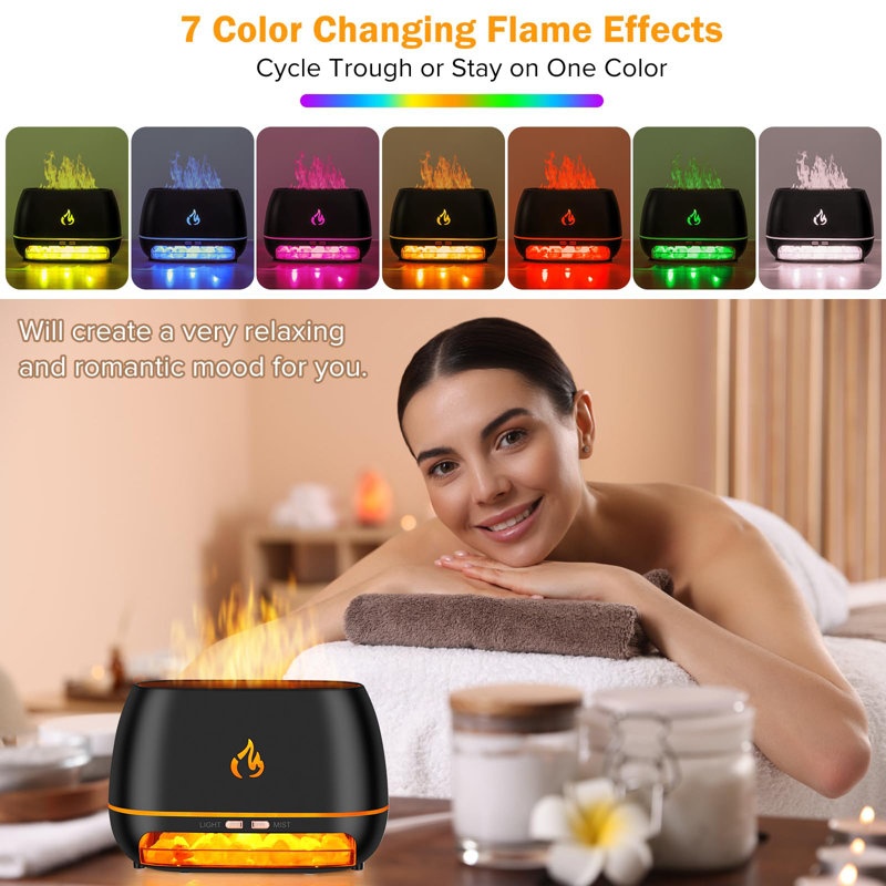 3-in-1 Himalayan Salt Rock Diffuser, Ultrasonic Essential Oil, Simulation Flame, 7 Colour Changing, 200ml Black Aroma Diffuser
