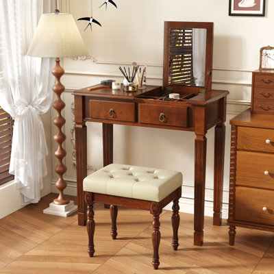 LUMERA Collection Traditional Flip-Top Vanity Desk Set with Cushioned Bench, Hidden Mirror Makeup Vanity Table with Drawers and Built-In Storage