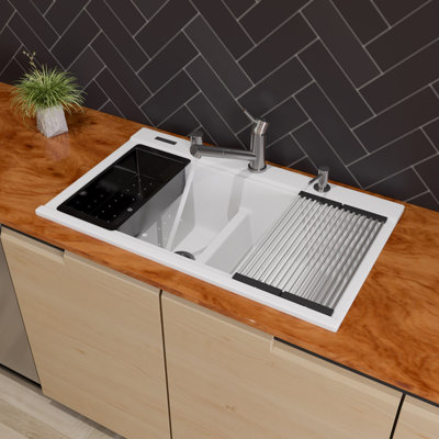 ALFI brand AB3418DBDI-W White 33" Granite Composite Workstation Step Rim Double Bowl Drop In Sink with Accessories