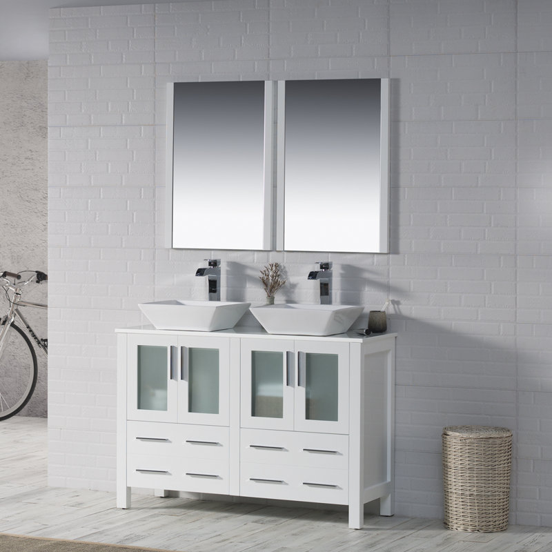 Mance 47.625'' Double Bathroom Vanity with Ceramic Top with Mirror, Glossy White