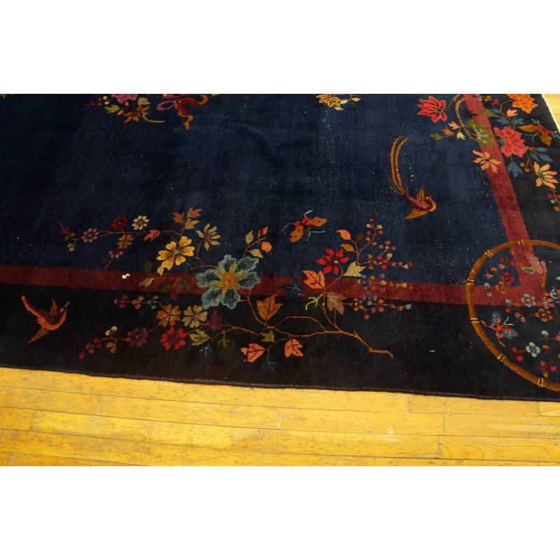 Antique Art Deco Chinese Floral Blue Navy 1920s Rug