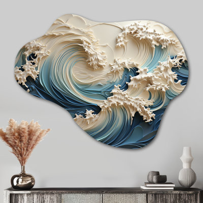 «White and Blue Wave Papercut Style III - Asymmetric Coastal Waves», reproduction d'art murale en métal