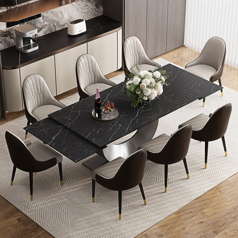 94.5" Extendable Sintered Stone Dining Table Set With 8 Faux Leather Dining Chairs, Modern Luxury 9-Piece Dining Set With U-Shaped Stainless Steel Base