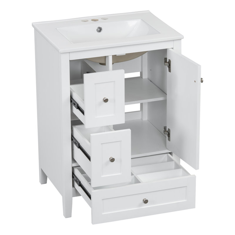 Meuble-lavabo moderne de 24 po avec rangement, petite armoire de salle de bain avec tiroirs et tablette réglable, White