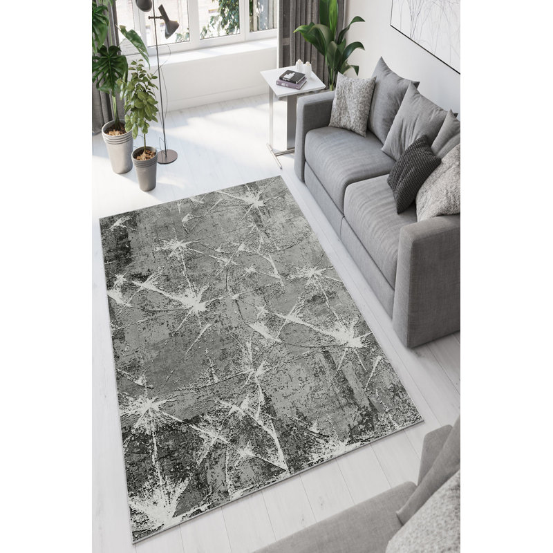 Tapis élégant, gris, 4,6 x 7,2 pieds | 100% polyester, 650 g / m² | Pois antibactérien, écologique et antidérapant en PVC | Lavable à la machine, imprimé numérique, parfait pour le salon et la chambre à coucher