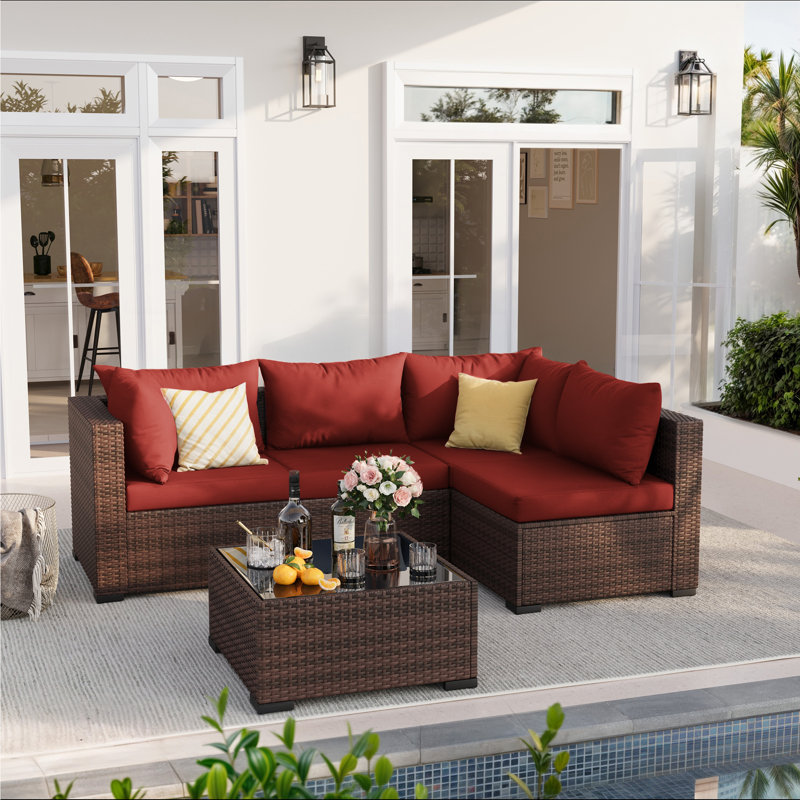 Ensemble de conversation de patio 5 pièces avec table basse et coussins, Rouge