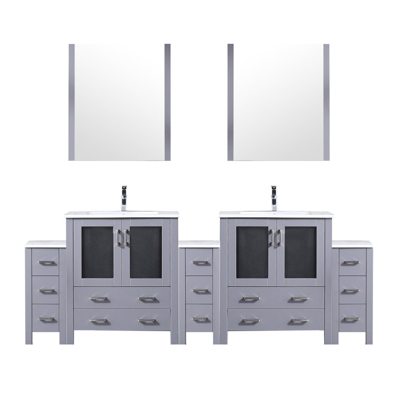 Meuble-lavabo double gris foncé de 96 po En largeur, armoires latérales, comptoir en céramique blanche, 28 miroirs et robinet, teint - avec résistance aux rayures pour un comptoir durable