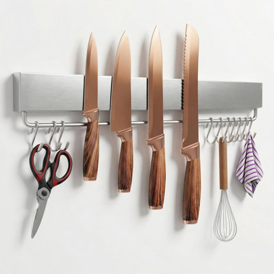 Porte-couteaux magnétique 17 po - Bande à couteaux magnétique avec aimants puissants Barre à couteaux magnétique en acier inoxydable avec 10 crochets / ruban adhésif / vis, rangement mural pour couteaux pour la cuisine