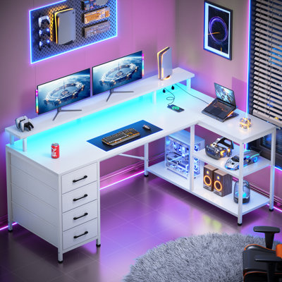L Shaped Desk With 4 Drawers And Storage Shelves, L Shaped Gaming Desk With Led Lights & Power Outlets, Computer Desk With Shelves & Drawer, Corner De by Inbox Zero