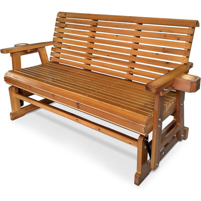 Wooden Patio Glider with High Roll Back and Deep Contoured Seat, Solid Fir Wood
