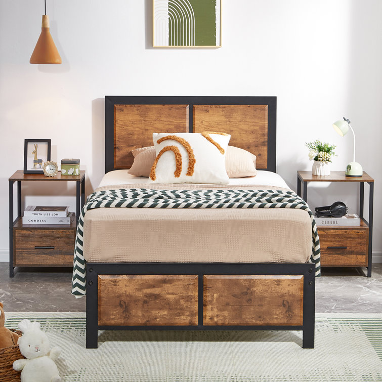 Kempst Platform Bed Frame with Wooden Headboard, Heavy Duty Steel Slats Support, No Box Spring Needed
