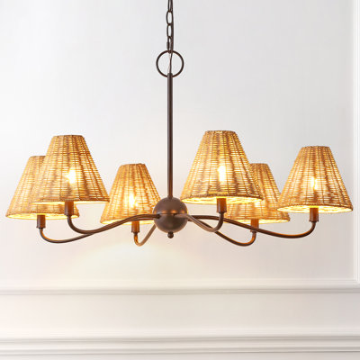 Lustre LED Grady Coastal Farmhouse à bras articulé réglable en métal avec abat-jour en rotin tressé à la main