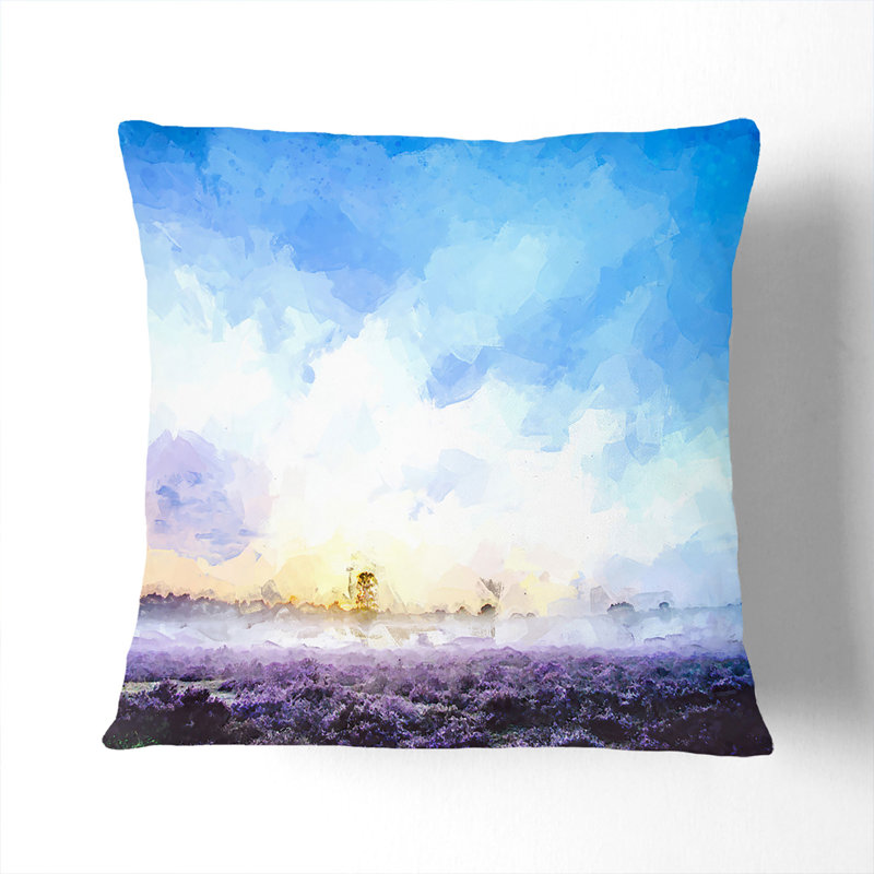 Field of Heather in the Netherlands in Abstract Cushion with Filling, White, 40cm H x 40cm W x 15cm D