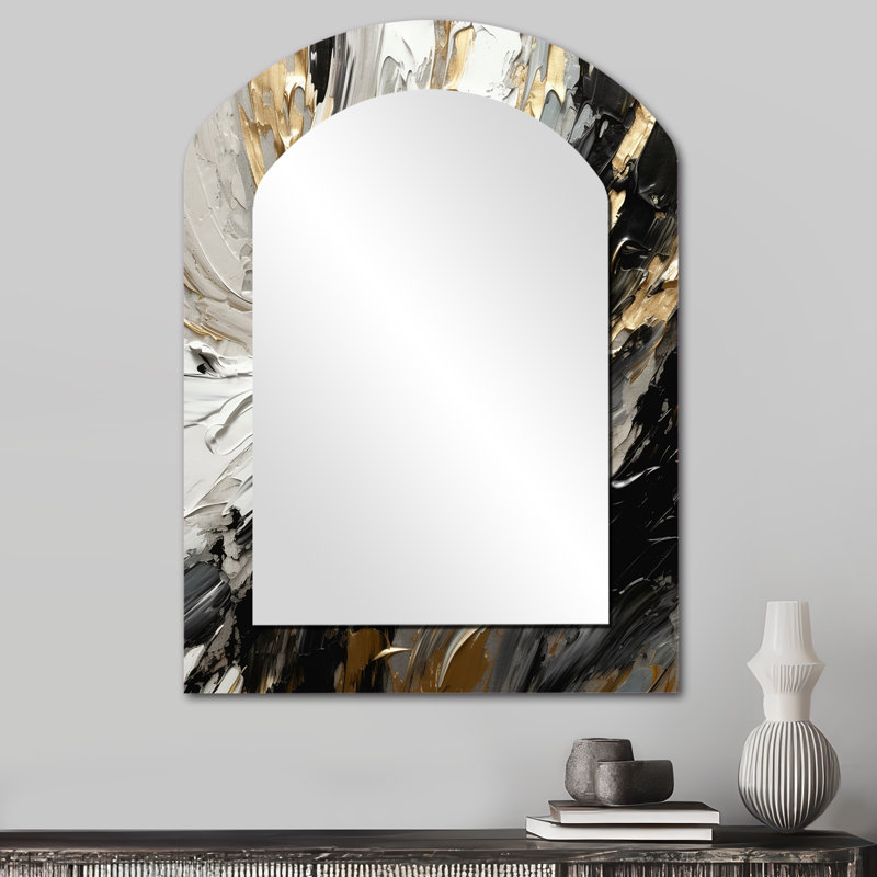 Exquisite Darling Gold Abstract Wave On Black III - Abstract Painting Arch Decorative Wall Mirror, Gold Asymmetrical Large Mirror, Printed Metal Art