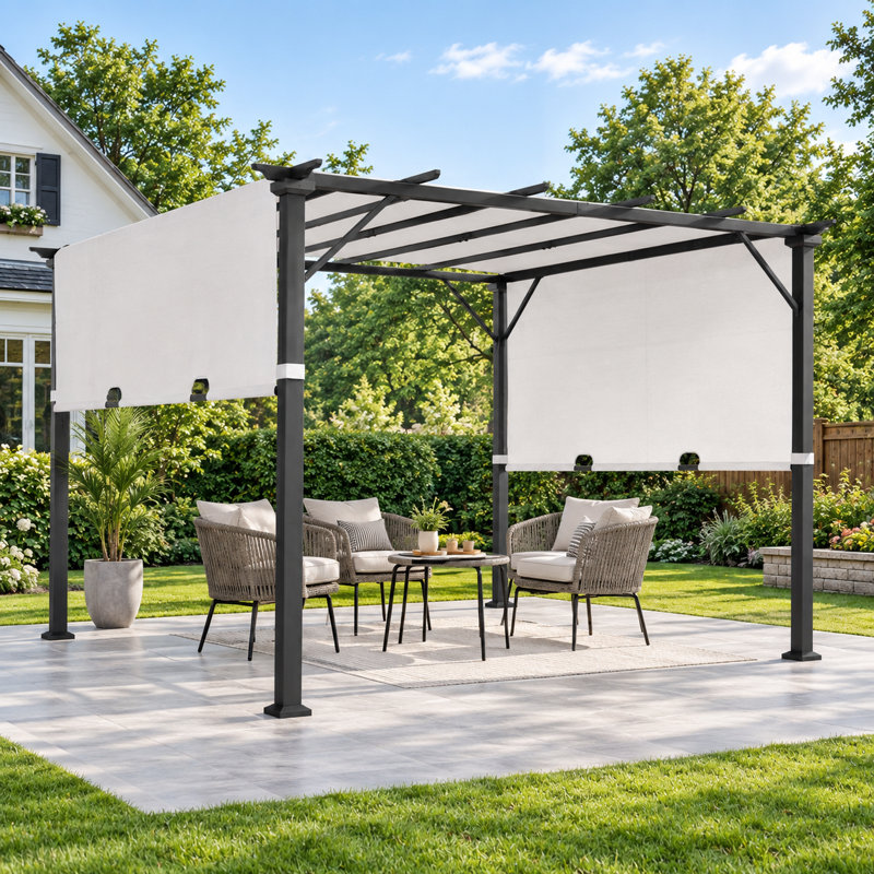 Pergola Sunjoy 2,74 m x 2,74 m, pergola classique en acier noir mat avec auvent blanc rétractable pour terrasse et jardin, idéale pour les activités de plein air.