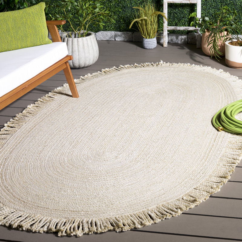 Padley Round Handwoven Jute Beige Area Rug, Oval 5' x 8'