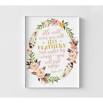 Psalm 91-4 Pink And Gold Wreath By Tara Moss, Smooth Feather Circle Framed Bible Psalm Print, Delicate Floral Biblical Poster Print
