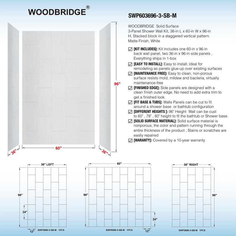 Panneau de douche et de baignoire à surface solide blanc mat, contour, installation rapide, découpable, épaisseur de 0,138 po