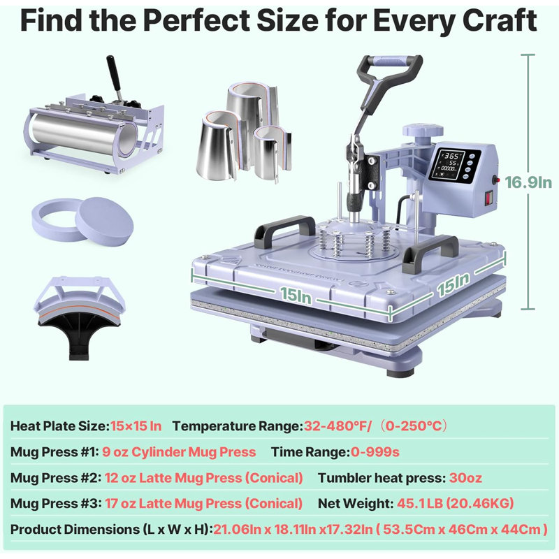 Machine à presser la chaleur 8 en 1 Suteck, Combo de sublimation par transfert de chaleur pivotant à 360 degrés 15 po x 15 po
