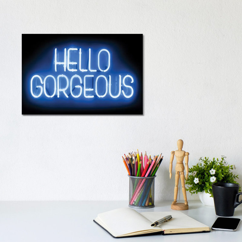 Neon Hello Gorgeous Blueon Black 1 Piece Wrapped Canvas Wall Art, 20.32 cm H x 30.48 cm W