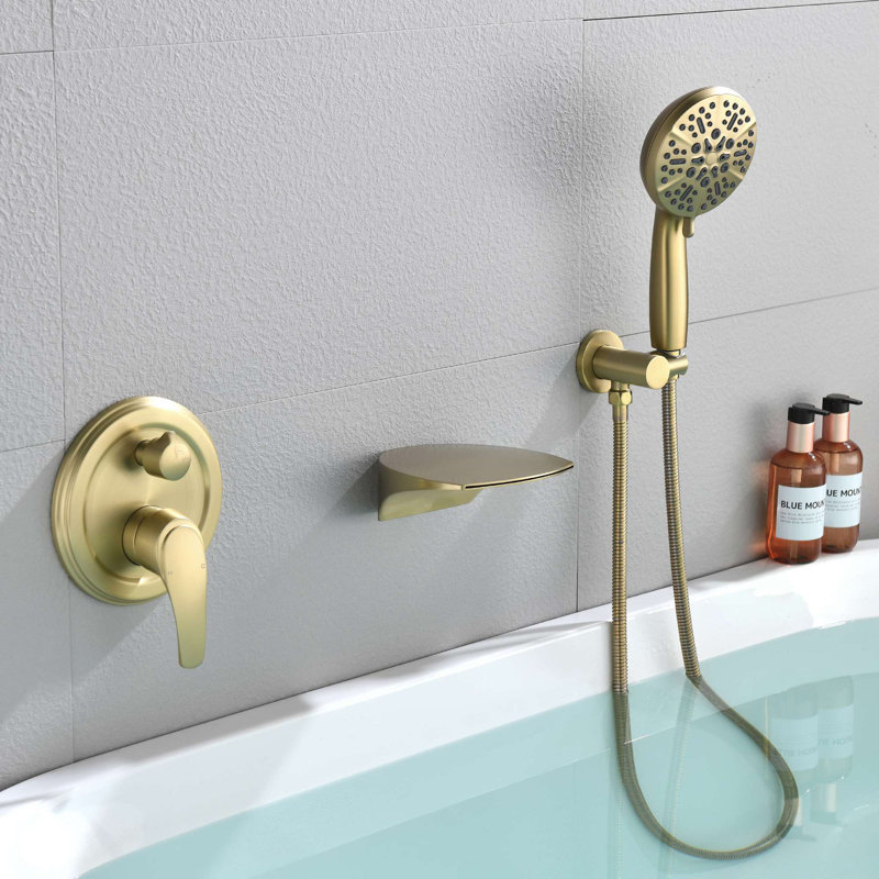 Robinet de baignoire romaine mural à poignée simple avec douche à main, Or brossé