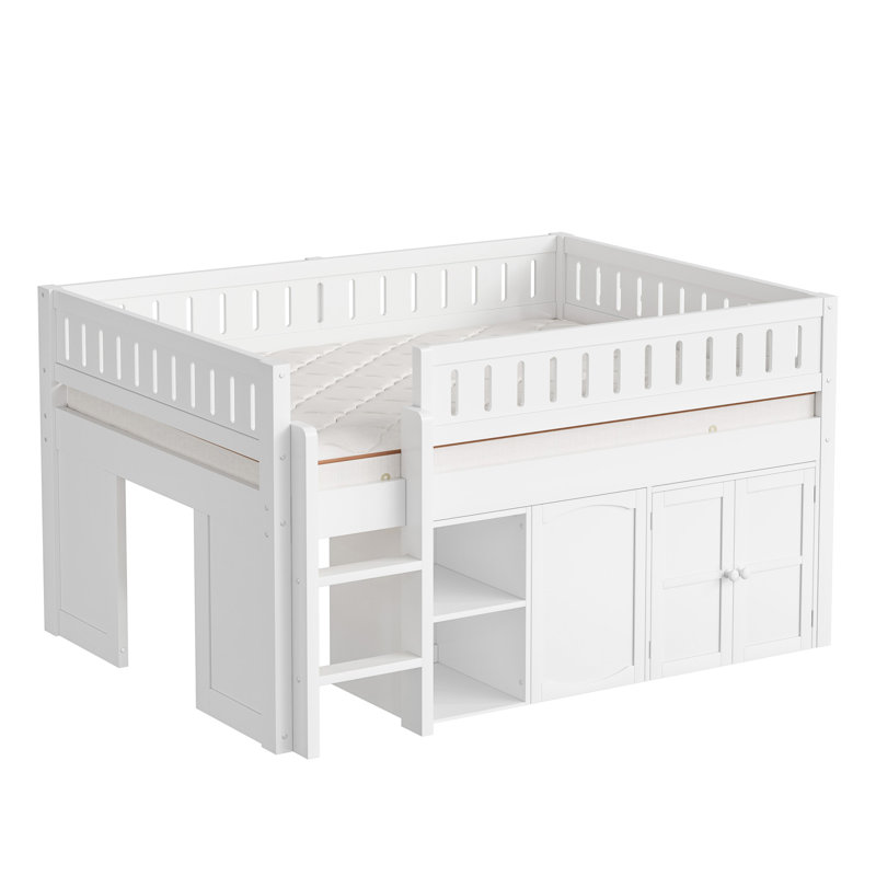 Lit mezzanine pleine grandeur avec armoire de rangement, tablettes et tableau noir, conception compacte en bois massif, blanc