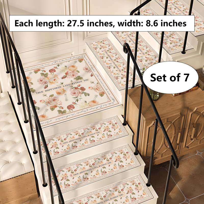 Tapis d'escalier antidérapants pour la maison - Patins auto-adhésifs, Beige / rose clair floral