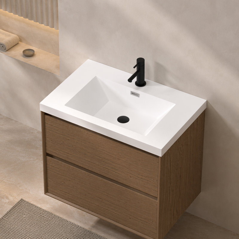 Lavabo de salle de bain 30 po en résine pour salle de bain, avec lavabo simple encastré rectangulaire, trou de robinet simple, comptoir de meuble-lavabo seulement
