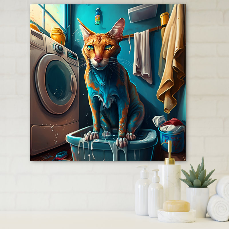 Chat faisant la lessive - reproduction sur toile tendue, L 24 po x H 24 po