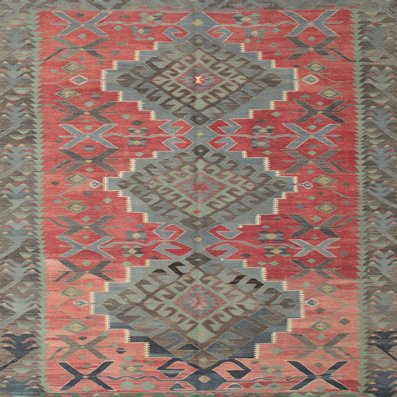 Tapis rouge/vert/brun zone contemporaine, Carré 8 pi