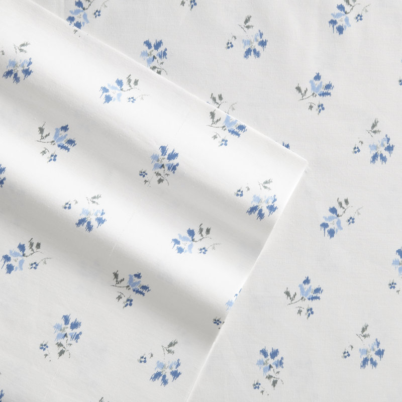 King Blue Floral Cotton Percale Deep Pocket Sheet Set
