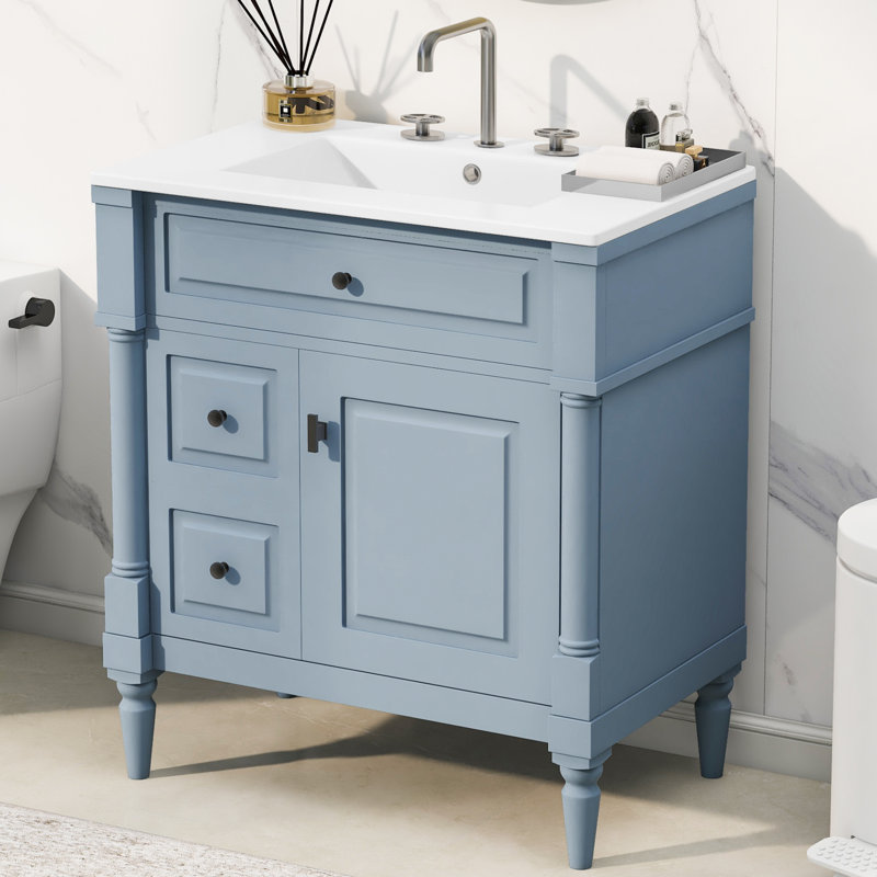 30"W Freestanding Bathroom Single Vanity with Drawers and An Adjustable Shelf, Blue Gray, Black