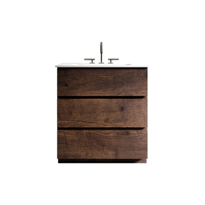 Walnut Bathroom Vanity Sink . Maximized Inner Space, Silent Running. Ergonomic Handle- Form. White Basin. Pre-Assembled 30" In Walnut. Working, Copious Space. Modern Cabinet.