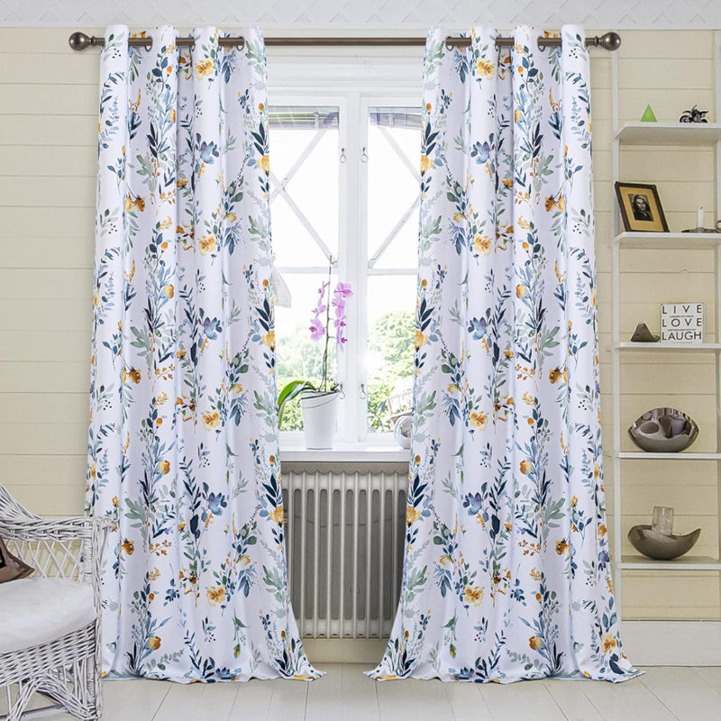 Curtains For Living Room Floral Thermal Insulated Light Blocking Grommet Drapes 2 Panels, Yellow/Gray