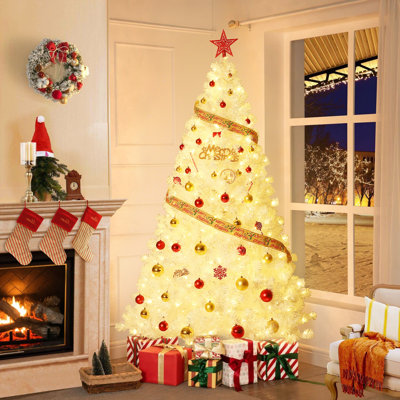 Arbre de Noël blanc pré-éclairé, arbre de Noël artificiel pour la maison, le bureau, la décoration de fête avec 250 lumières DEL blanc chaud et 288 branches robustes, support robuste, assemblage facile