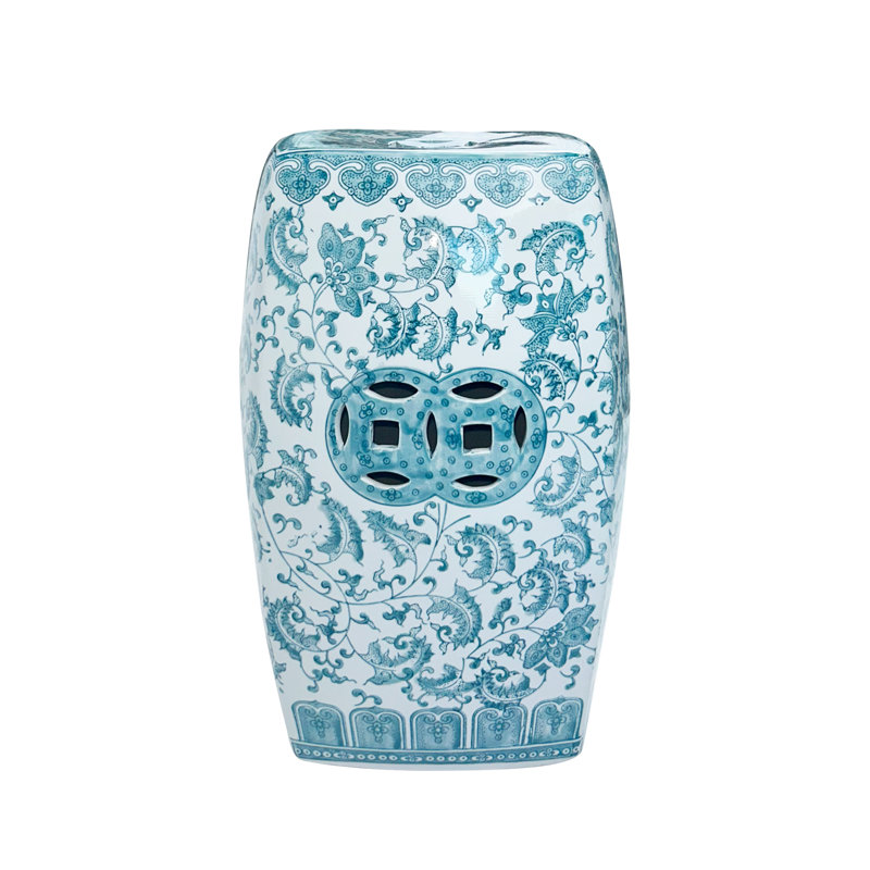 Floral patterned square ceramic stool, Blue